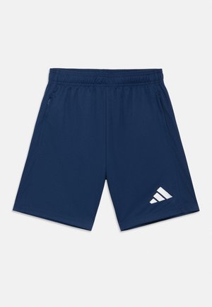 Marineblå træningsshorts med elastisk taljebånd, sidelommer med lynlås og hvidt trekantet logo på nederste højre ben.