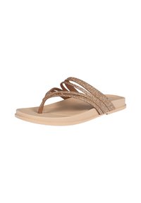 Tan Flip-Flop-Sandale mit glitzernden bronzefarbenen Riemen, ausgestattet mit einem glatten Fußbett und einer leicht strukturierten Außensohle. Minimalistisches Design für Komfort.