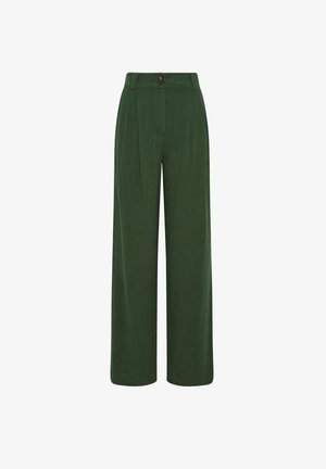 Dunkelgrüne, hoch taillierte, weit geschnittene Hose mit Gürtelschlaufen, vorderen Bügelfalten, Knopfverschluss und Reißverschluss.