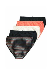 Cinque paia di mutandine da donna in vari colori: nero, corallo, bianco e un design a righe con linee nere, marroni e beige. Tessuto morbido.