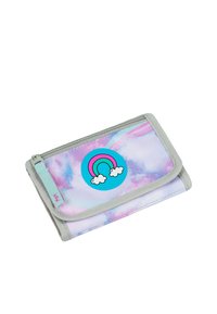Rainbow-patterned wallet featuring a pastel tie-dye design with a circular rainbow sticker on the front. Finishing in gray fabric trim.