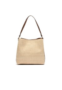 Borsa di paglia intrecciata beige con una tracolla in pelle marrone liscia, caratterizzata da un ampio apertura superiore e una semplice forma rettangolare.