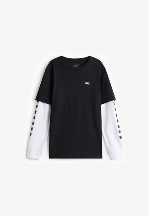 Czarna warstwowa koszula Vans z długim rękawem, z białymi rękawami ozdobionymi czarnym wzorem w kwadraty wzdłuż każdego ramienia.