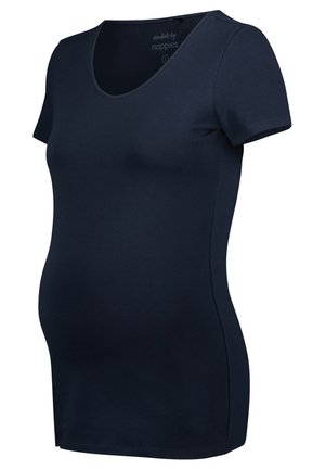 Maternity T-shirt in navy blue, made of soft fabric. Features a scoop neckline and short sleeves, designed to accommodate a growing belly.