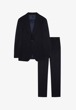 Marine pak bestaande uit een op maat gemaakte blazer en bijpassende broek, met een soepele textuur, een notched revers en meerdere zakken.