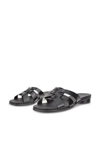 Paire de sandales noires en cuir à enfiler avec des brides tressées et un petit talon, présentées sur fond blanc.