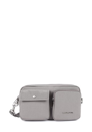 Borsa a tracolla grigia in tessuto con due scomparti con zip, uno dotato di pattina, hardware in argento e dettaglio con logo.