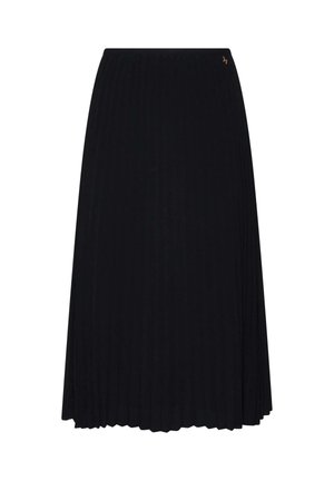 Gonna midi nera plissettata con elastico in vita e piccolo dettaglio logo dorato vicino al bordo superiore sul lato destro.