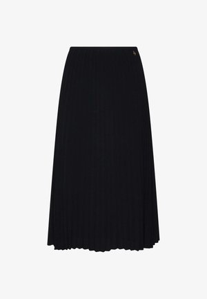 Gonna midi nera plissettata con elastico in vita e piccolo dettaglio logo dorato vicino al bordo superiore sul lato destro.