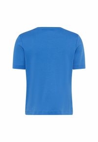 T-shirt bleu uni à manches courtes avec un ourlet droit, un col rond et sans logos ni motifs visibles, vu de dos.