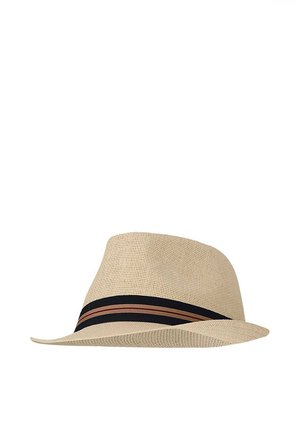 Beige woven fedora hat with a black and brown striped band around the base of the crown.