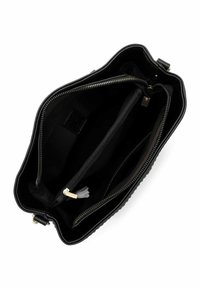 Borsa a tracolla in pelle nera con apertura con cerniera, dotata di due scomparti e una tasca interna. Texture liscia e dettagli in metallo dorato.