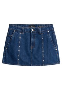Jupe en denim bleu foncé avec une coupe droite, dotée de poches avant, de boutons-pression en argent et de détails de couture contrastants.