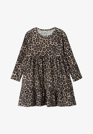 Robe à manches longues pour tout-petit avec jupe à volants en motif léopard beige et noir.