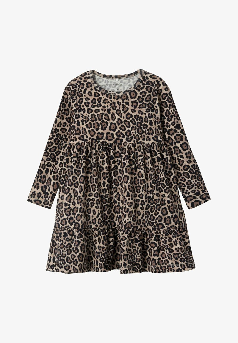 Robe à manches longues pour tout-petit avec jupe à volants en motif léopard beige et noir.