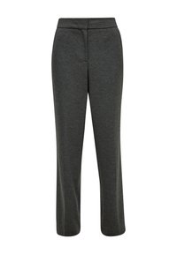 Dark gray, wide-leg pants made from a soft, stretchable fabric. Features a smooth waistband and a clean, simple design without embellishments.