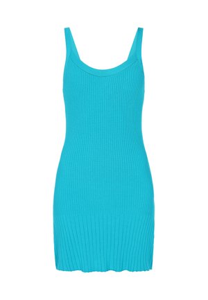 Ribbed bodycon-mekko kirkkaassa turkoosissa, jossa on ohuet hihnat ja pyöreä kaula-aukko. Kangas tarjoaa pehmeän, joustavan tekstuurin.