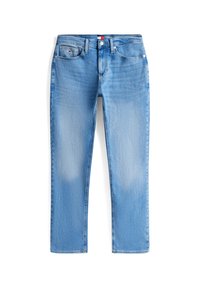 Jean en denim bleu clair avec poches avant, fermeture par bouton et fermeture éclair, et détails légèrement délavés sur les cuisses et les genoux.