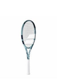 Tennisschläger mit einem hellblauen und marineblauen Design, ovalem Kopf, weißem Griff und einem klaren Saitenmuster, das schlanke Linien und moderne Akzente aufweist.