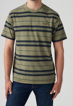 Olive green striped t-shirt with navy and green horizontal lines, crew neckline, short sleeves, and subtle Levi's logo in tonal embroidery.