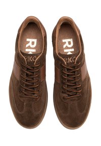 Pair of brown suede sneakers with leather accents and black-and-orange braided laces, viewed from above on a white background.