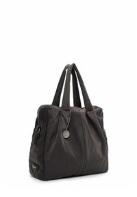 Black nylon tote bag with a zippered front pocket, dual handles, textured finish, and a metal tag attached by a chain.