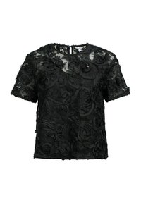 Sort kortærmet top i gennemsigtigt stof med tekstureret blomsterbroderi. Rund halsudskæring med en nøglehuldsdetalje bagpå.
