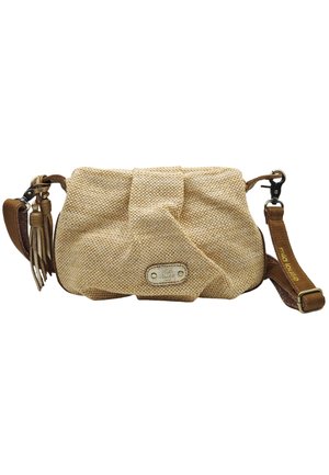 Sac bandoulière en tissu beige tissé avec bandoulière en cuir, fermoirs métalliques, détail pompon et fermeture à rabat froncée.