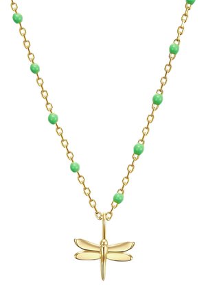 Goldener Libellen-Anhänger mit einer Kette, die abwechselnd grüne Perlen aufweist und glatte sowie strukturierte Elemente kombiniert.