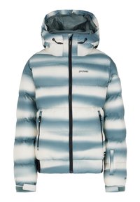 Blau-weiße gestreifte Puffjacke mit Kapuze, ausgestattet mit einem Reißverschluss vorne und Seitentaschen. Hergestellt aus leichtem, gepolstertem Material.