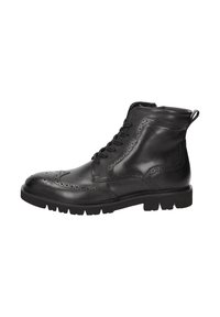 Stivale alla caviglia in pelle nera con dettagli brogue, chiusura a lacci frontale, cerniera laterale e suola in gomma resistente, adatto per abbigliamento casual o formale da uomo.