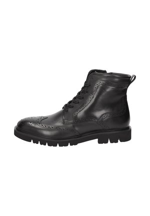 Bottine en cuir noir avec des détails de brogue, fermeture à lacets à l'avant, fermeture éclair sur le côté et semelle en caoutchouc robuste pour des tenues décontractées ou formelles pour hommes.