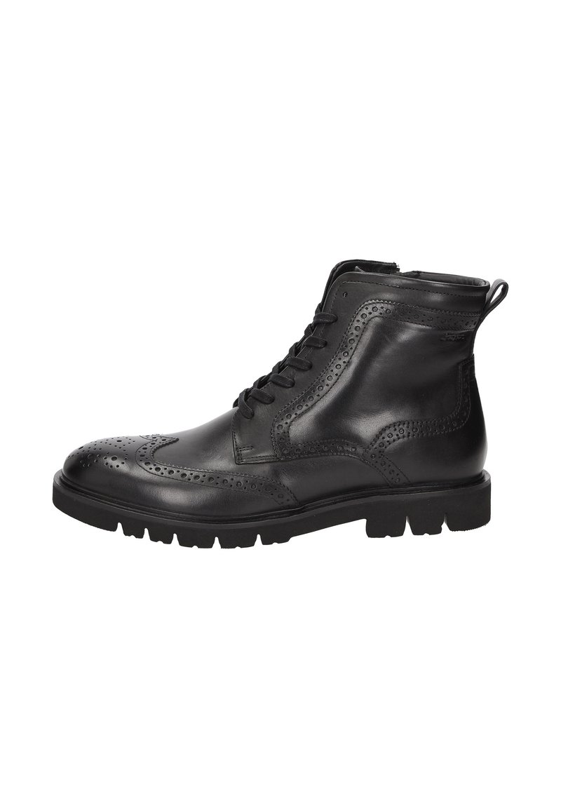 Stivale alla caviglia in pelle nera con dettagli brogue, chiusura a lacci frontale, cerniera laterale e suola in gomma resistente, adatto per abbigliamento casual o formale da uomo.