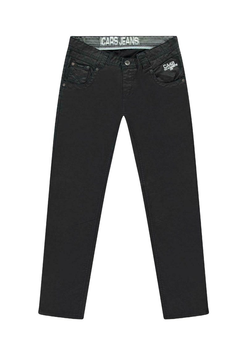 Zwarte spijkerbroek met een slanke pasvorm, voorzien van zakken aan de voorkant, een klein logoplaatje en contrasterende stiksels langs de naden.