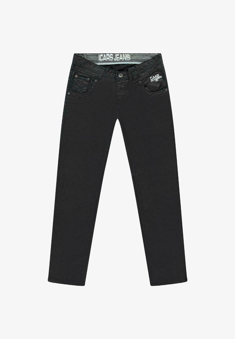 Zwarte spijkerbroek met een slanke pasvorm, voorzien van zakken aan de voorkant, een klein logoplaatje en contrasterende stiksels langs de naden.