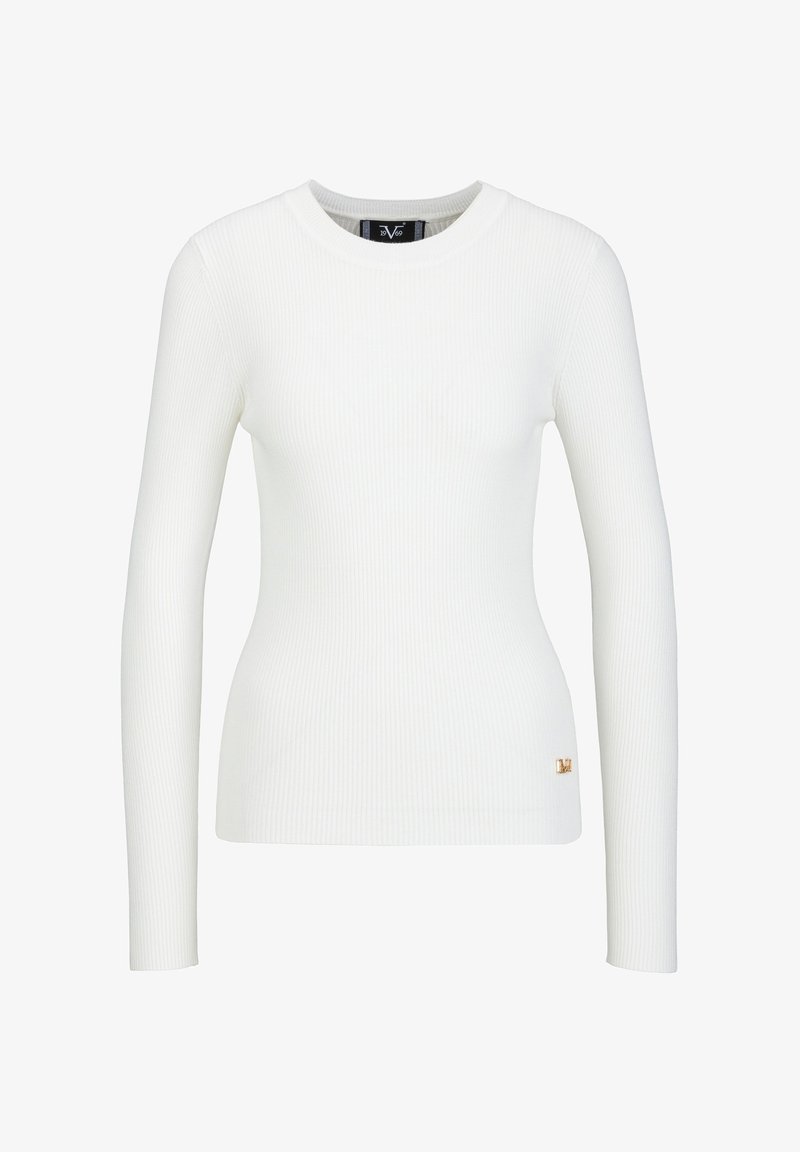 Weißes, geripptes Langarmoberteil mit Rundhalsausschnitt und einem goldenen Logoakzent am Saum. Weicher Stoff und körpernahe Passform.