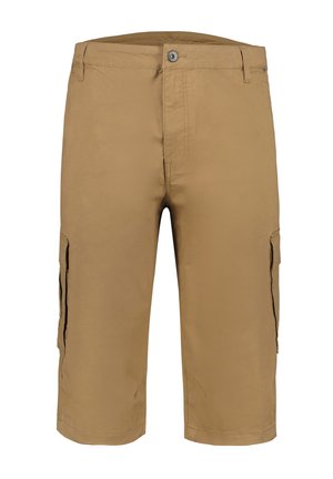 Shorts cargo kaki para hombre con bolsillos laterales, cierre de botón y trabillas para cinturón, mostrados de frente sobre un fondo blanco.