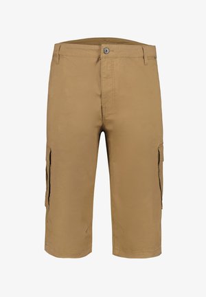Shorts cargo kaki para hombre con bolsillos laterales, cierre de botón y trabillas para cinturón, mostrados de frente sobre un fondo blanco.