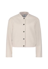 Jasnobeżowa krótka kurtka, miękka w dotyku, z okrągłym dekoltem, zapinana na guziki z metalowymi akcentami, długie rękawy, minimalistyczny design.