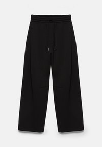 Pantalon de survêtement noir à jambes larges avec taille élastique et cordon, doté de poches latérales et d'une coupe décontractée.