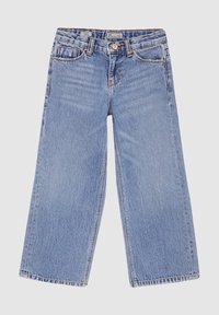 Light blue denim jeans with a high waist, wide-leg design, five pockets, and copper button accent. Soft texture with minimal fading.