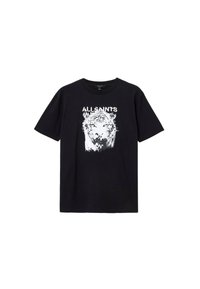 Camiseta de algodón negra con un gráfico blanco de la cara de un leopardo, con el texto "ALLSAINTS" arriba en una fuente desgastada. Mangas cortas, cuello redondo.