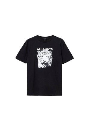 Zwarte katoenen t-shirt met een witte afbeelding van een leopardengezicht, met de tekst "ALLSAINTS" erboven in een versleten lettertype. Korte mouwen, ronde hals.
