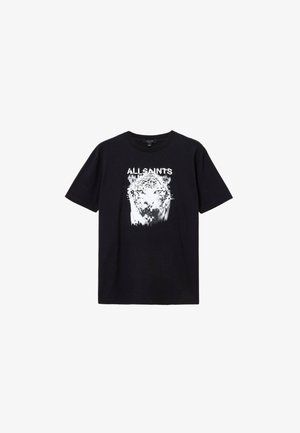 Czarny bawełniany T-shirt z białym grafikiem przedstawiającym twarz lwa, z napisem "ALLSAINTS" powyżej w stylu zniszczonym. Krótkie rękawy, okrągły dekolt.