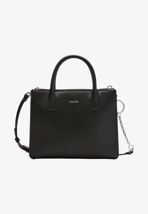 Bolso de mano rectangular negro con dos asas, correa de hombro desmontable, detalle de cadena plateada y logotipo "S.Oliver" en el centro frontal.