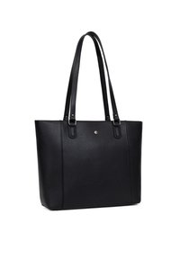 Borsa a tote nera in pelle con finitura testurizzata, due manici lunghi e un bottone decorativo centrale. Presenta un design minimalista e una forma strutturata.