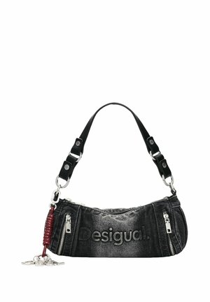 Small black denim shoulder bag with silver zippers, black strap, red keychain, and "Desigual" logo embossed on front.