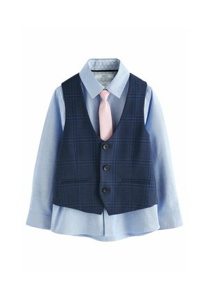 Gilet à carreaux marine superposé sur une chemise bleu clair, complété par une cravate rose pâle ; présente des boutons et un col soigné.