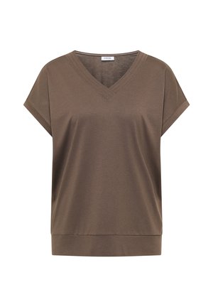 T-shirt femme marron à manches courtes et col en V, manches retroussées et taille ajustée, design uni, étiquette "Cecil" à l'intérieur du col.