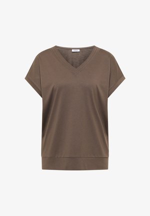 Braunes Damen-T-Shirt mit kurzen Ärmeln und V-Ausschnitt, mit aufgerollten Ärmeln und tailliertem Bund, schlichtes Design, innen am Kragen mit "Cecil" beschriftet.